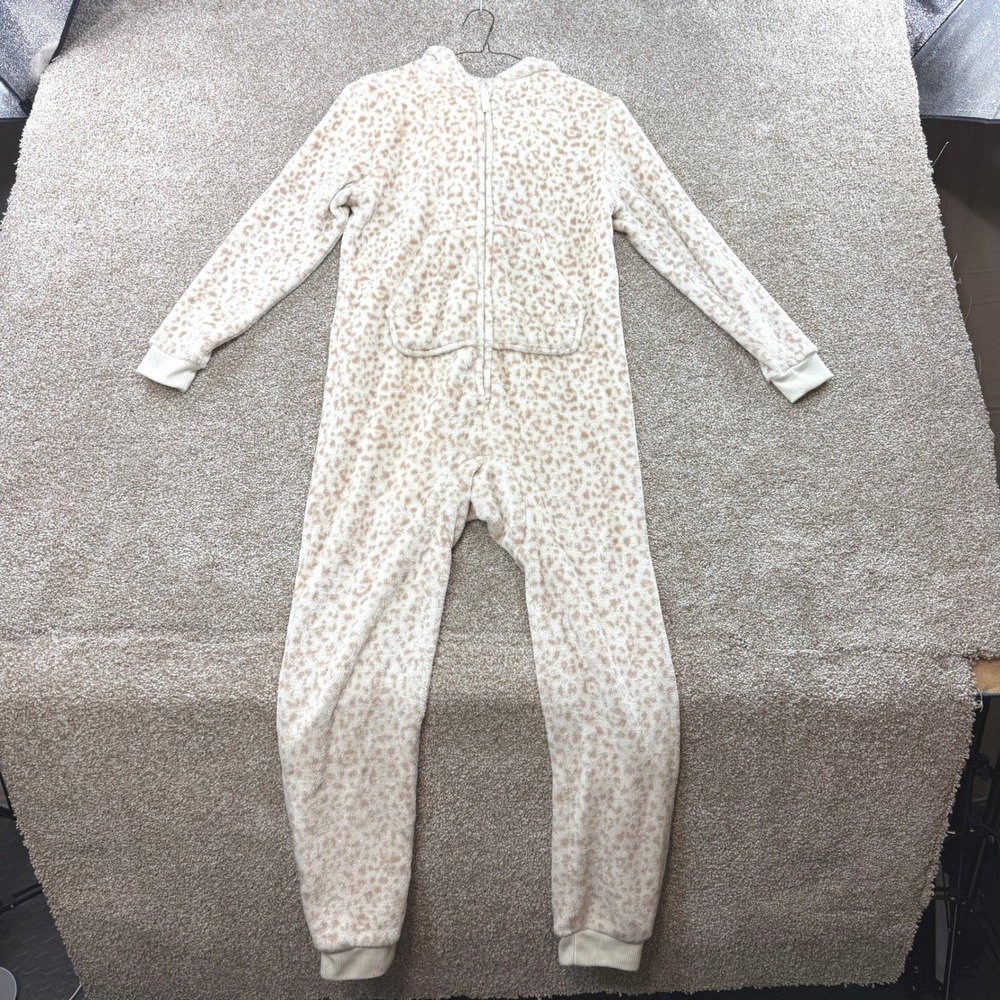 Cat & Jack Girls Hooded One Piece Pajamas L 10/12 Cream Tan Leopard Fleece Zip